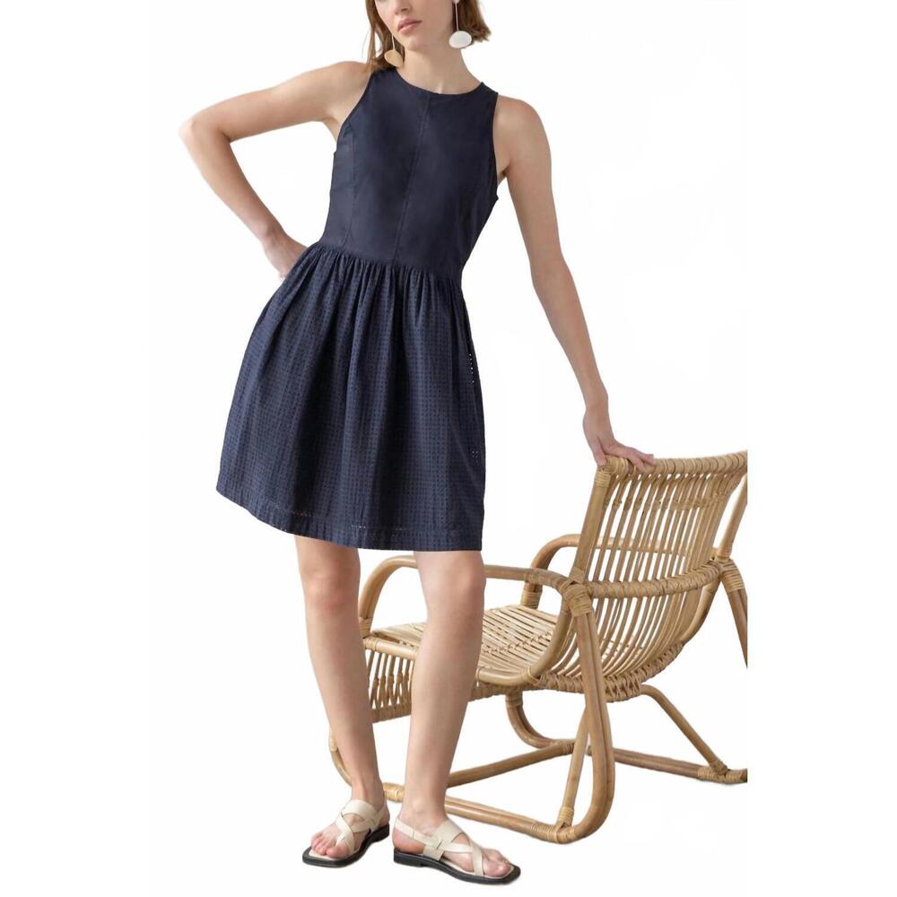 NEW LILLA P eyelet high neck mini dress in navy - Picture 5 of 6